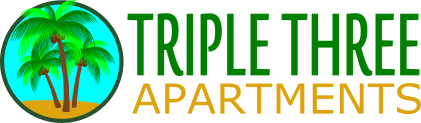 A logo for "Triple Three Apartments" featuring palm trees.